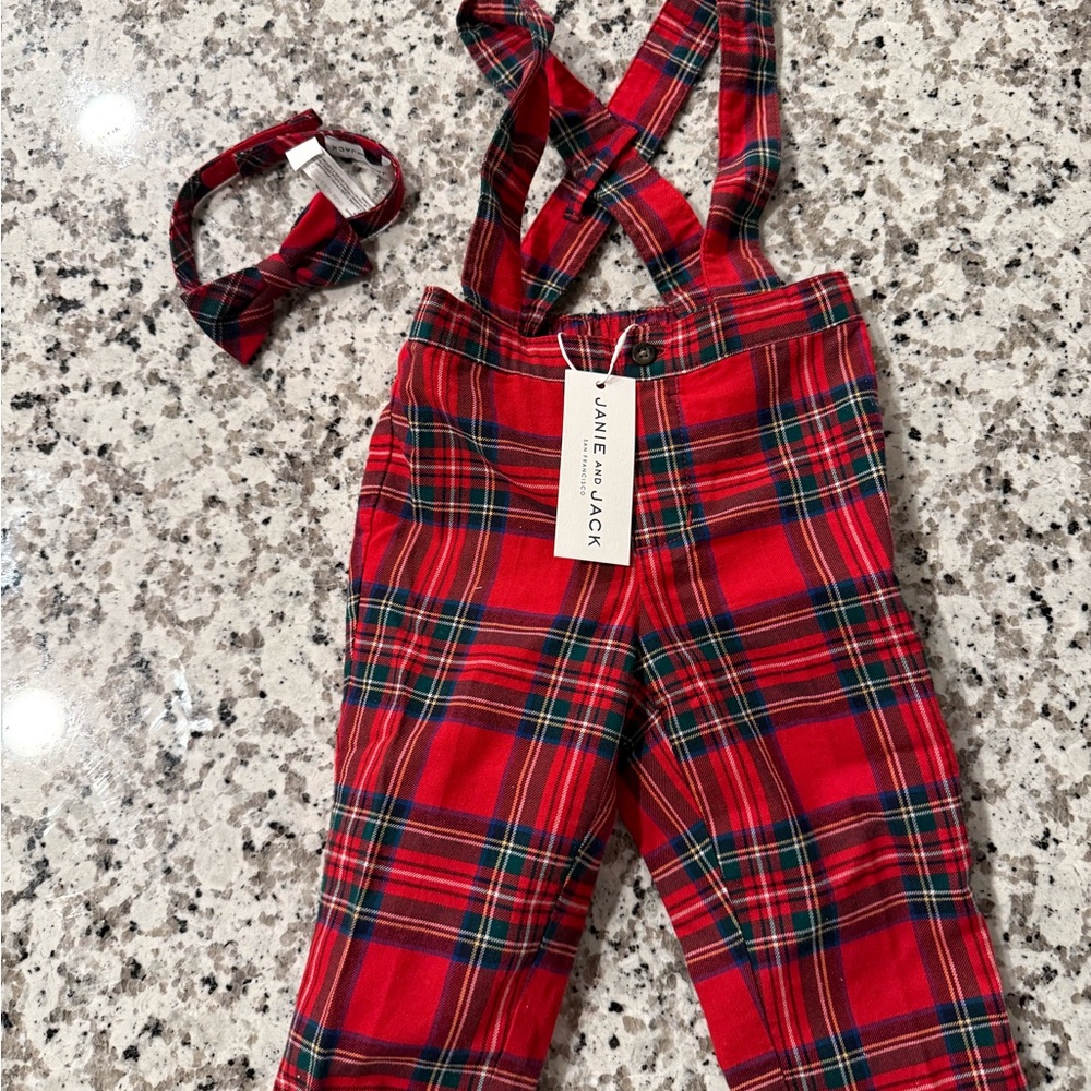 NWT Janie and Jack Red Plaid pants with suspenders and bow tie